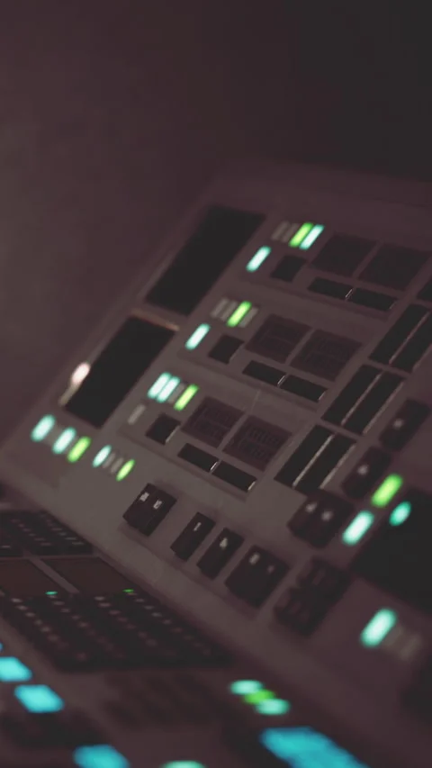 Control panel lights blink in a studio during a recording session Stock Footage 337954069