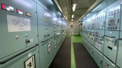 Control panel in main engine room of a extra large cargo ship Stock Footage 277585664