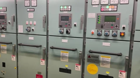 Control panel in main engine room of a extra large cargo ship Stock Footage 277585681