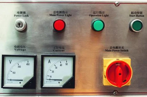 Control panel in main engine room. inscriptions in English and Chinese Stock Photos