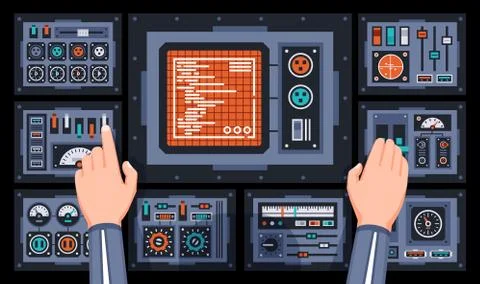 Control panel with many elements, buttons and large screen. Stock Illustration