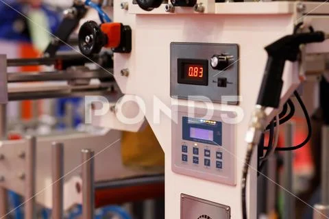 Control panel of MDF PVC profile wrapping machine Stock Image #125285551