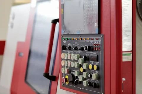 Control panel of metalworking CNC machine close up Stock Photos