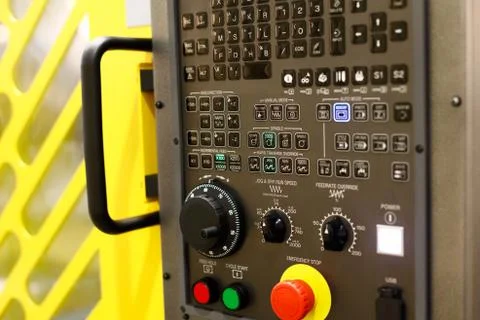 Control panel of modern 5-axis CNC lathe machine Stock Photos