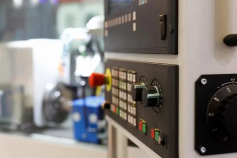 Control panel of modern CNC lathe machine close up Stock Photos