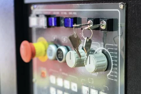 Control panel of modern lathe. Abstract industrial background Stock Photos