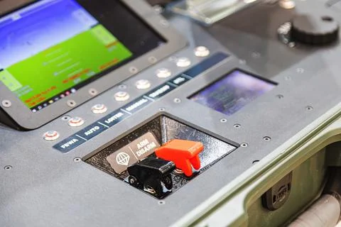 Control panel with orange lever, rugged industrial design, metallic finish,.. 写真素材