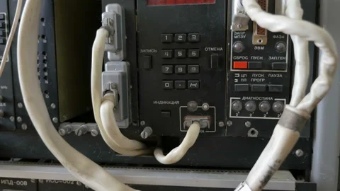 The control panel of outdated industrial equipment, red and black buttons Stock Footage 91374272