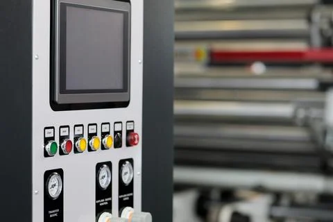 Control panel of PLC controlled laminating machine Stock Photos