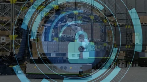 Control panel sending pick command, mobile robot raising arm, handling pallet, Stock Footage 334373247