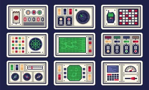 Control panel in spaceship with all kinds of controls Stock-Illustration