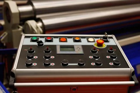 Control panel of steel coil processing machine Stock Photos