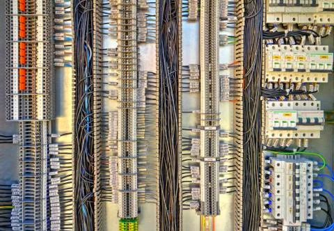 Control panel with terminals and wires Stock Photos
