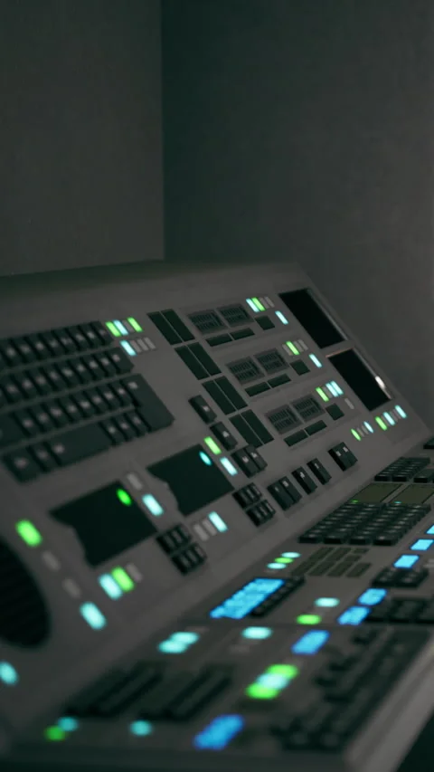 Control panel with various buttons and lights at a music venue setup Stock Footage 337958433
