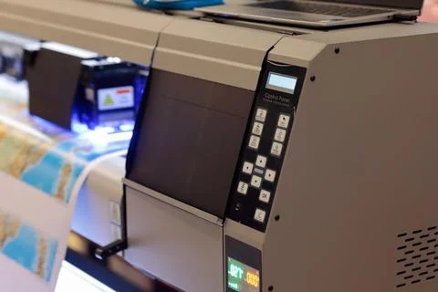 Control panel of wide format UV roll printer Stock Photos