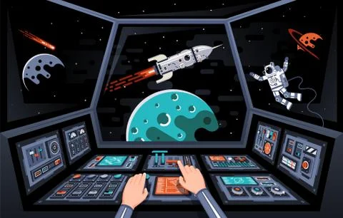 Control panels and view from the cockpit of the spaceship Illustrazione stock