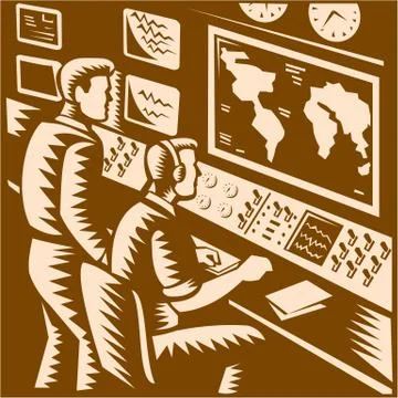 Control room command center headquarter woodcut Stock Illustration