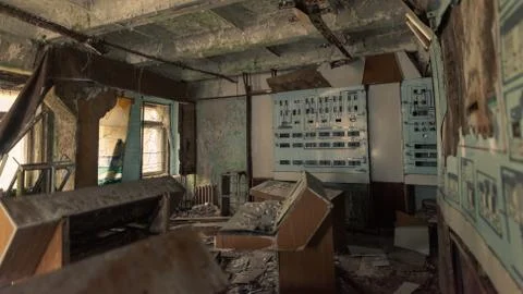 Control room of the DUGA radar array site in Chernobyl Exclusion Zone of Alie Stock Photos
