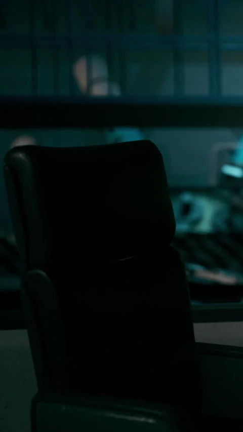 Control room with empty chair and machines in the background at night Stock Footage 337956505