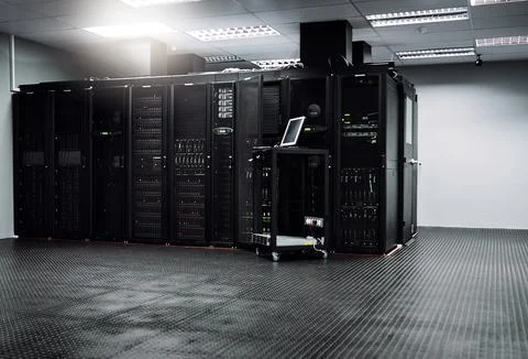 Control room, empty or laptop for internet connection, computing network or 스톡 사진