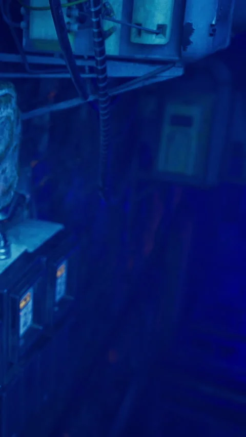 Control room with equipment in blue lighting at a research facility Stock Footage 331440802