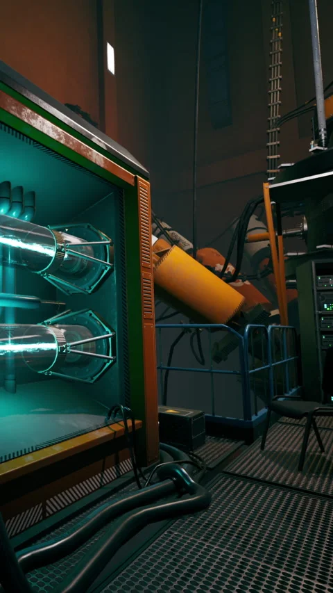 Control room with machinery and equipment in a technical setting at night Stock Footage 335356544