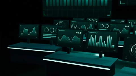 Control room market data screens teal dashboard close loop Stock Footage 342250584