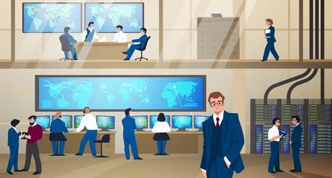 Control room. Military command center. Mission management. Employees in security Stock Illustration
