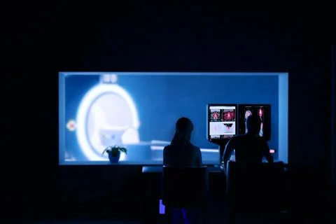 In Control Room Radiologist Diagnosis while Watching Procedure and Monitors.. Stock-Illustration