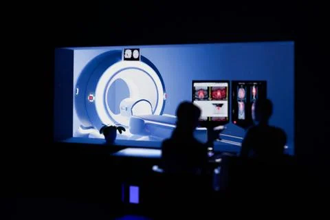 In Control Room Radiologist Diagnosis while Watching Procedure and Monitors.. Stock Illustration