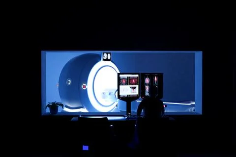 In Control Room Radiologist Diagnosis while Watching Procedure and Monitors.. Stock Illustration