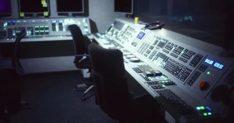 Control room setup featuring advanced technology and dim lighting at night Stock Illustration