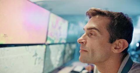 Control room, thinking and man in office, computer screen and tech for climate Stock Photos