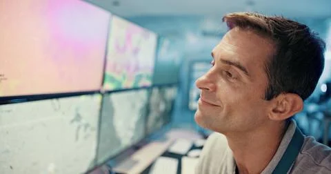 Control room, thinking and man in office, computer screen and tech for Foto stock