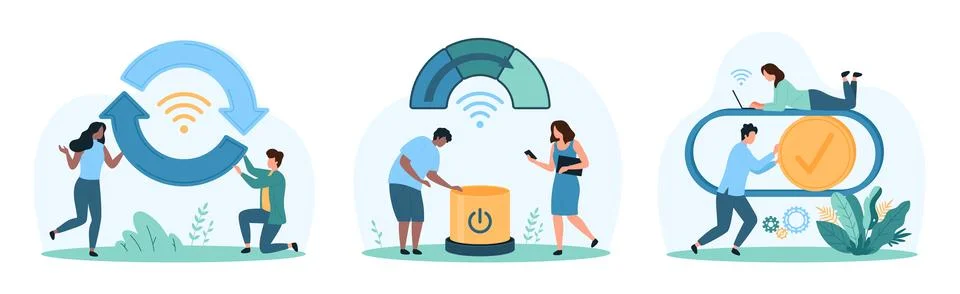Control settings set, tiny people move slider with check mark, push button Stock Illustration