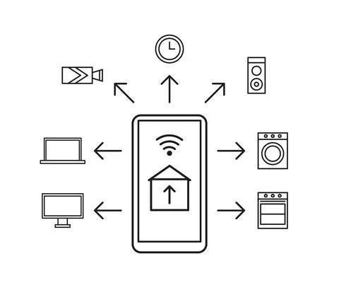 Control smart house with mobile phone from wifi, line icon. Connection smartp Illustrazione stock