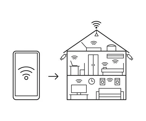 Control smart house with mobile phone from wifi, line icon. Connection Stock Illustration