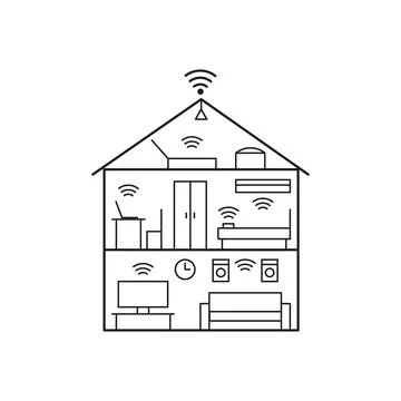 Control smart house from wifi, plan house inside line art. Building home in cut Ilustración de archivo