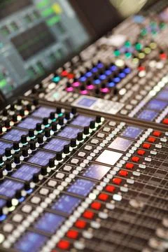 Control surface of a digital sound mixing console Stock Photos
