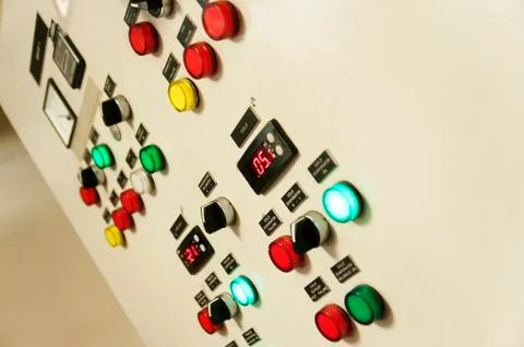 Control Switch panel of industrial equipment with buttons aboard modern ship Stock Photos