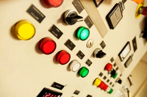 Control Switch panel of industrial equipment with buttons aboard modern ship Stock Photos
