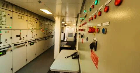 Control Switch panel of industrial equipment with buttons aboard modern ship Stock Photos