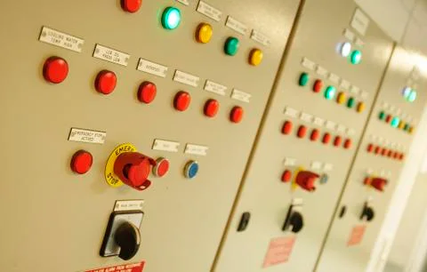 Control Switch panel of industrial equipment with buttons aboard modern ship Stock Photos