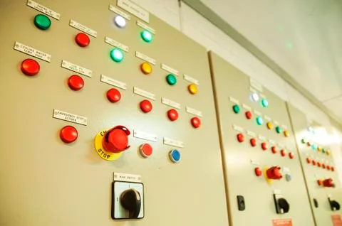 Control Switch panel of industrial equipment with buttons aboard modern ship Stock Photos