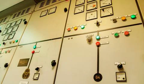 Control Switch panel of industrial equipment with buttons aboard modern ship Stock Photos