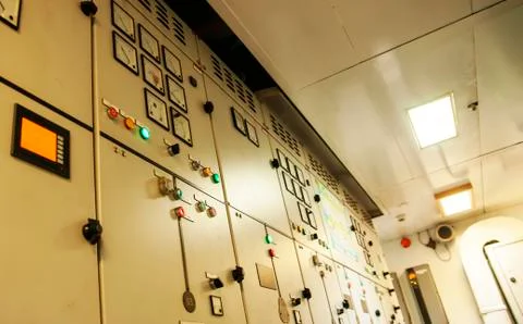 Control Switch panel of industrial equipment with buttons aboard modern ship Stock Photos
