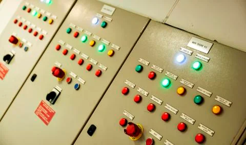 Control Switch panel of industrial equipment with buttons aboard modern ship Stock Photos