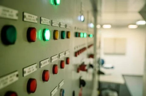 Control Switch panel of industrial equipment with buttons aboard modern ship Stock Photos