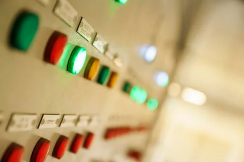 Control Switch panel of industrial equipment with buttons aboard modern ship Stock Photos