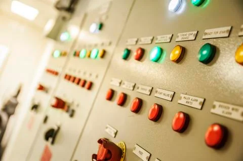 Control Switch panel of industrial equipment with buttons aboard modern ship Stock Photos